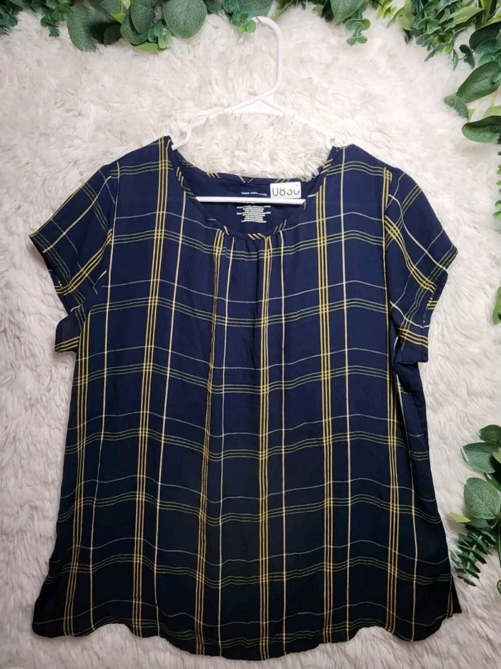 ✨ Van Heusen Women’s Plaid Short Sleeve Blouse Navy & Yellow 💛 Size M
